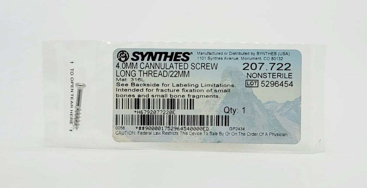 Synthes 207.722 4.0MM CANNULATED SCREW LONG THREAD/22MM Synthes