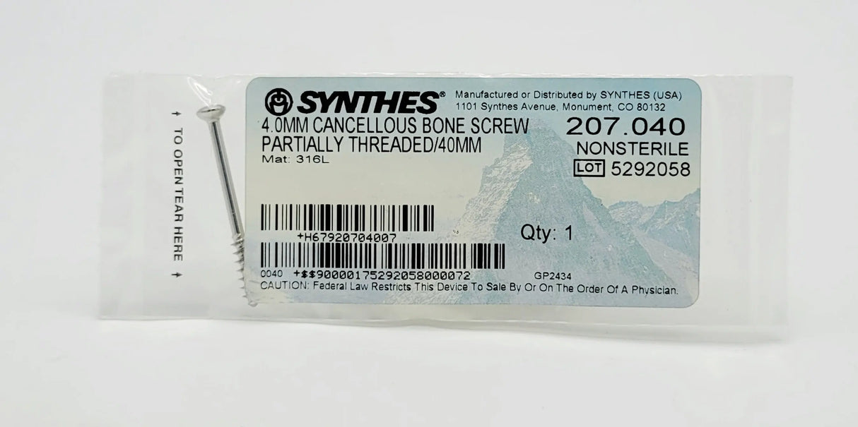 Synthes 207.040 4.0MM CANCELLOUS BONE SCREW PARTIALLY THREADED/40MM Synthes