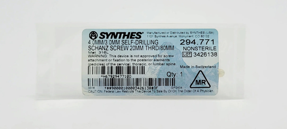 Synthes 294.771 4.0MM/3.0MM SELF-DRILLING SCHANZ SCREW 20MM THRD/80MM Synthes