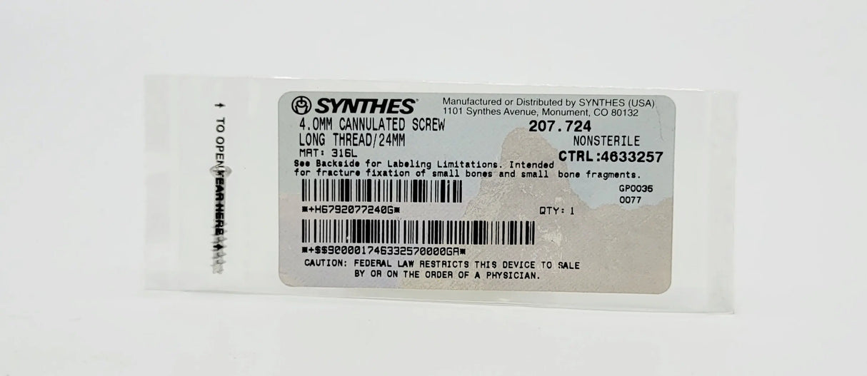 Synthes 207.724 4.0MM CANNULATED SCREW LONG THREAD/24MM Synthes