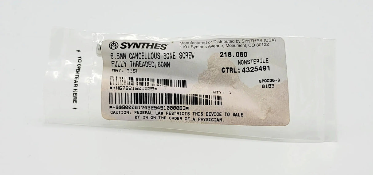 Synthes 218.060 6.5MM CANCELLOUS BONE SCREW FULLY THREADED/60MM Synthes