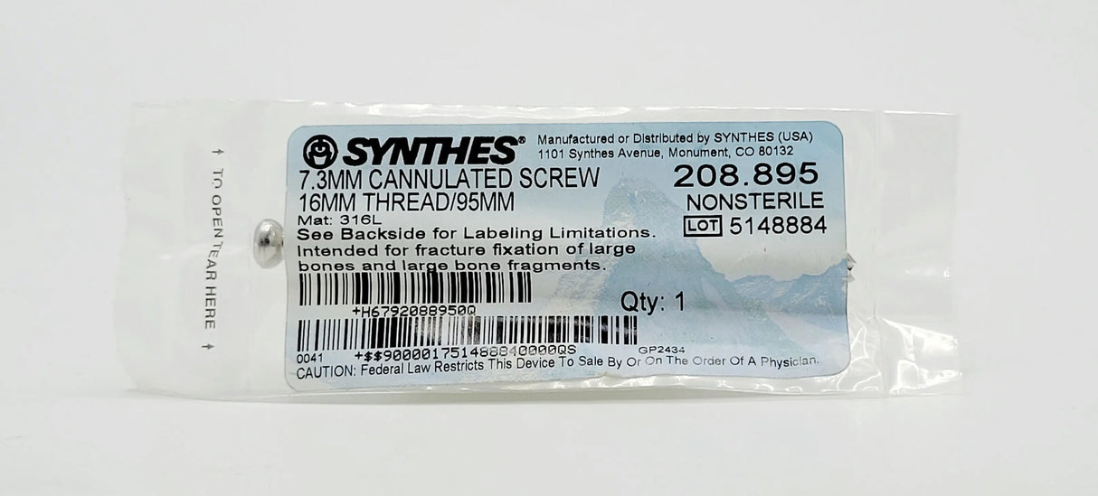 Synthes 208.895 7.3MM CANNULATED SCREW 16MM THREAD/95MM Synthes