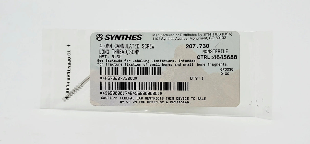 Synthes 207.730 4.0MM CANNULATED SCREW LONG THREAD/30MM Synthes