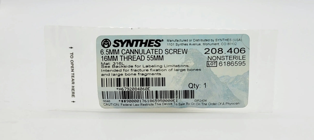 Synthes 208.406 6.5mm Cannulated Screw 16mm Thread 55mm Synthes