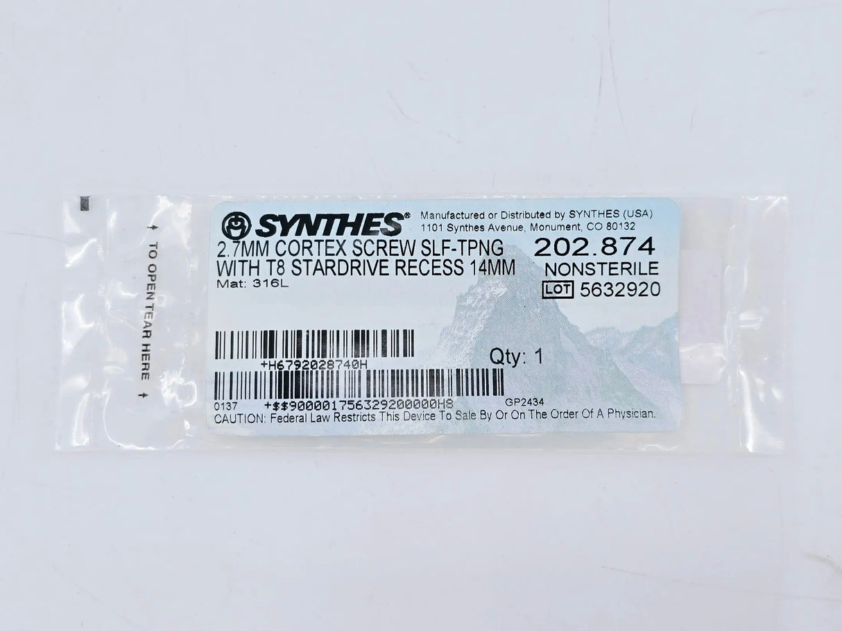 Synthes 202.874 2.7mm Cortex Screw Self-Tapping w/ T8 Stardrive Recess 14mm Synthes
