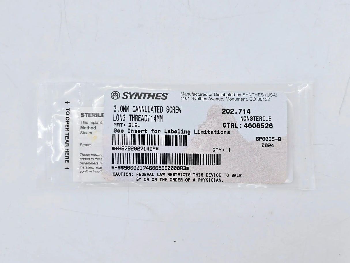 Synthes 202.714 3.0mm Cannulated Screw Long Thread 14mm Synthes