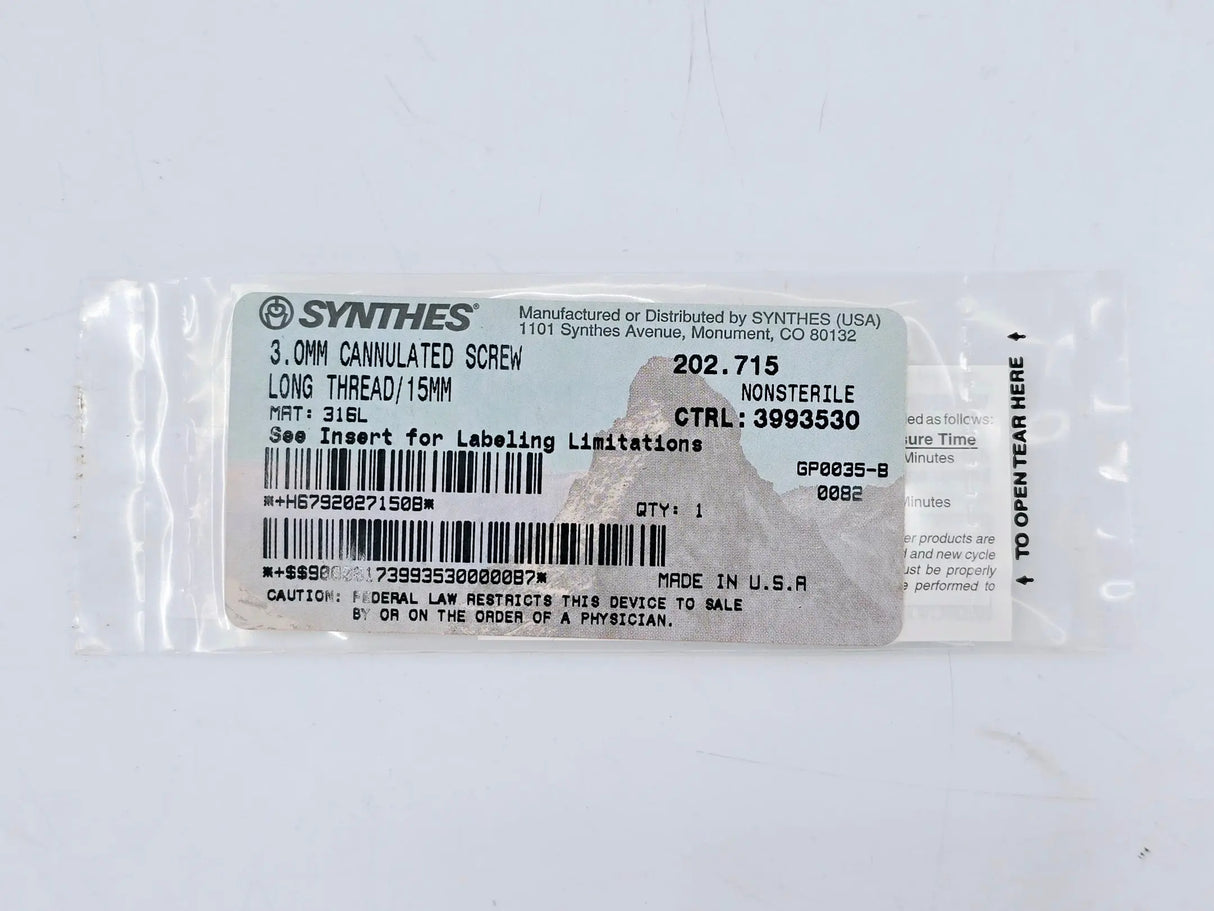 Synthes 202.715 3.0mm Cannulated Screw Long Thread 15mm Synthes