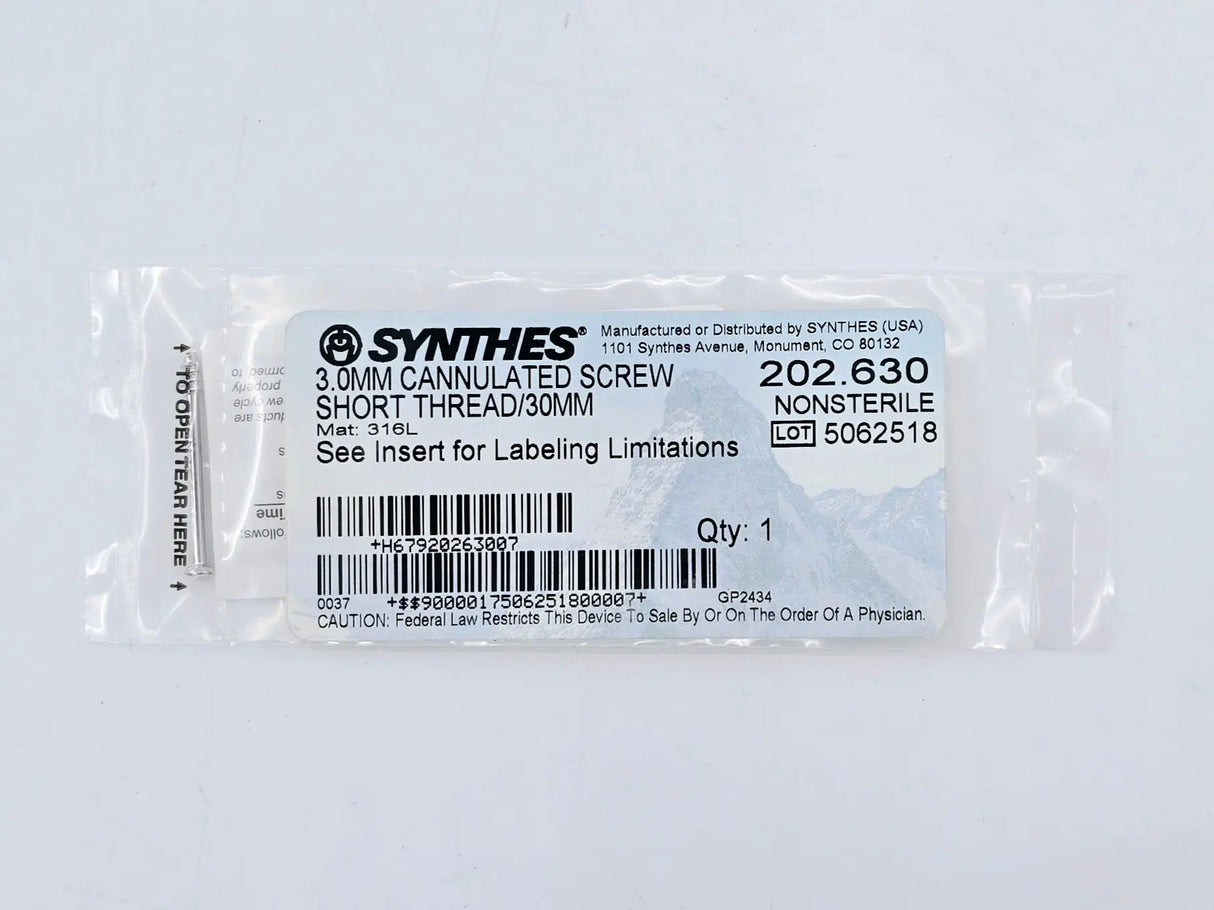 Synthes 202.630 3.0mm Cannulated Screw Short Thread/30mm Synthes