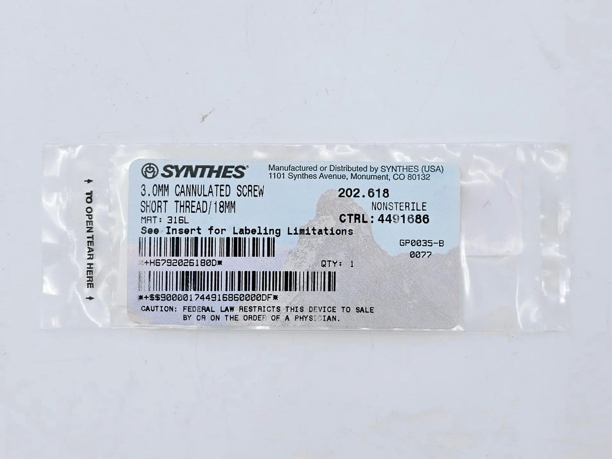 Synthes 202.618 3.0mm Cannulated Screw Short Thread/18mm Synthes