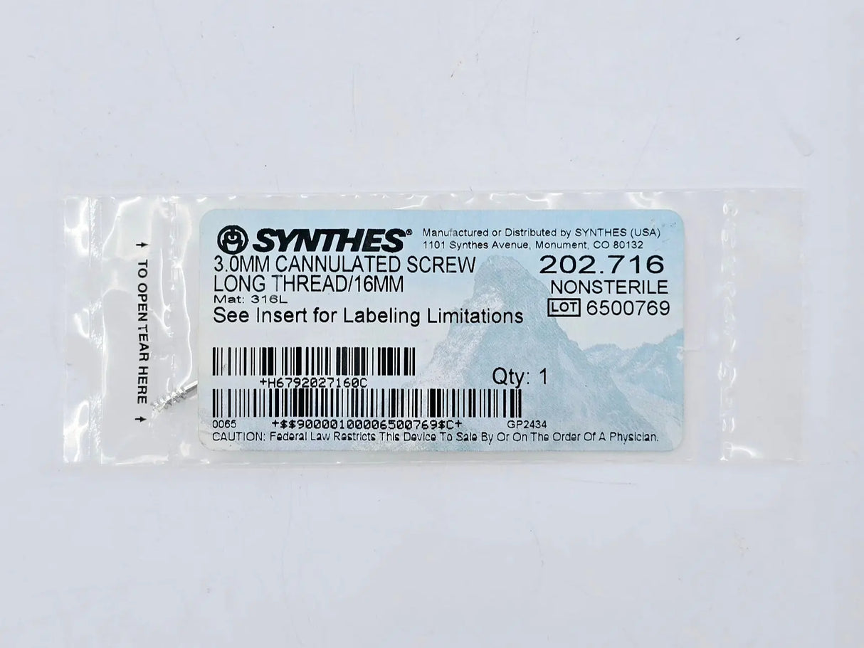 Synthes 202.716 3.0mm Cannulated Screw Long Thread/16mm Synthes