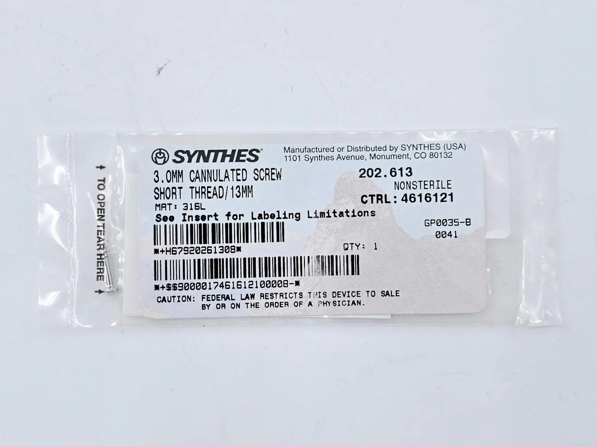 Synthes 202.613 3.0mm Cannulated Screw Short Thread/13mm Synthes