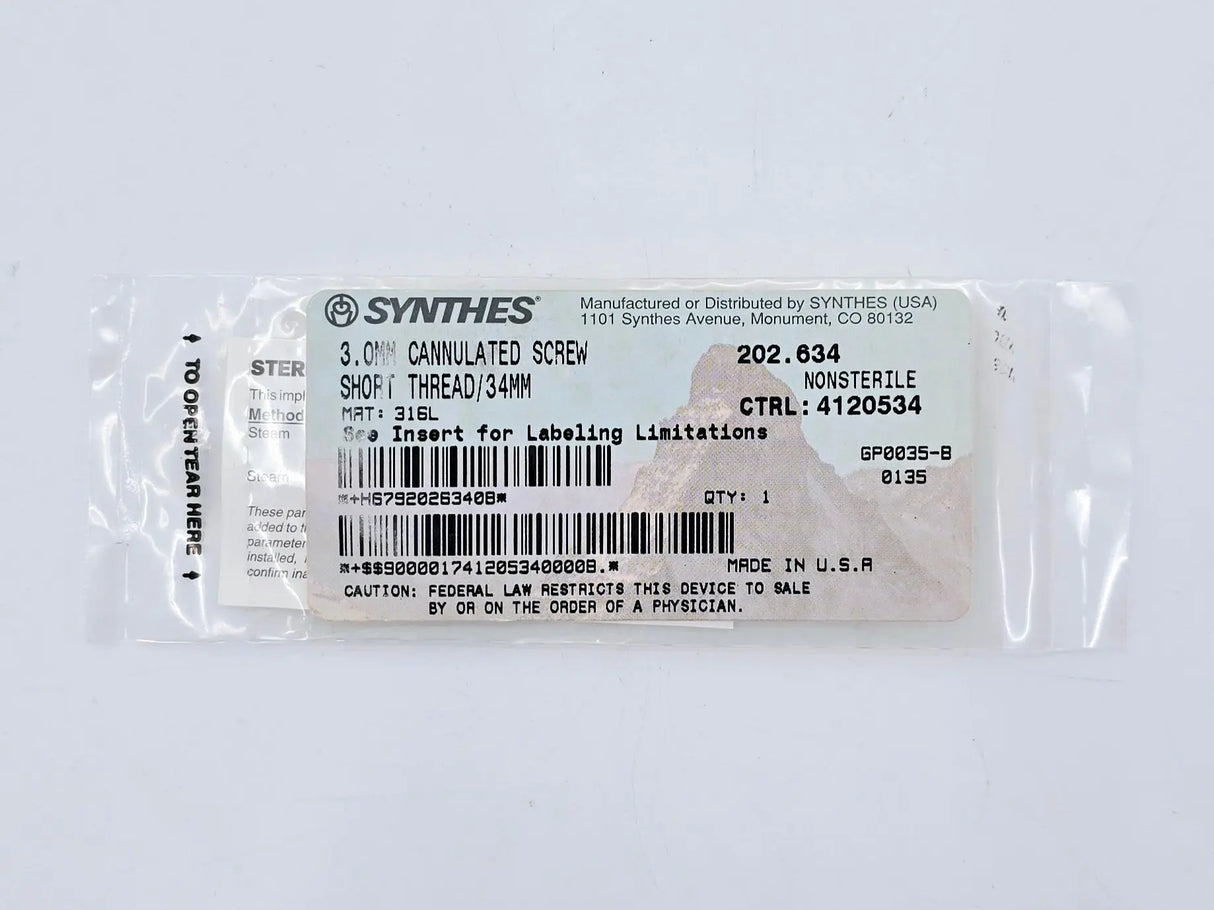 Synthes 202.634 3.0mm Cannulated Screw Short Thread/34mm Synthes