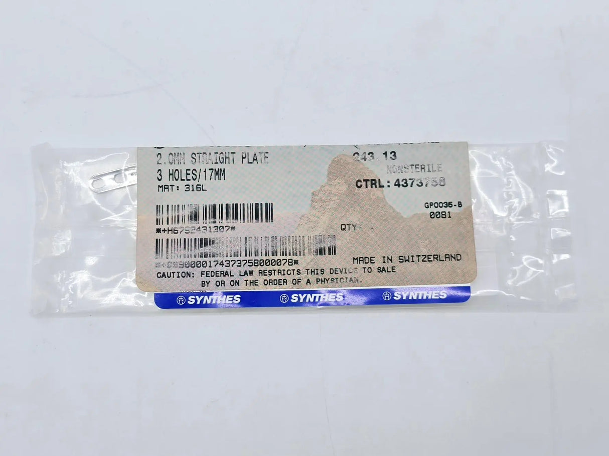 Synthes 243.13 2.0mm Straight Plate 3 Holes/17mm Synthes