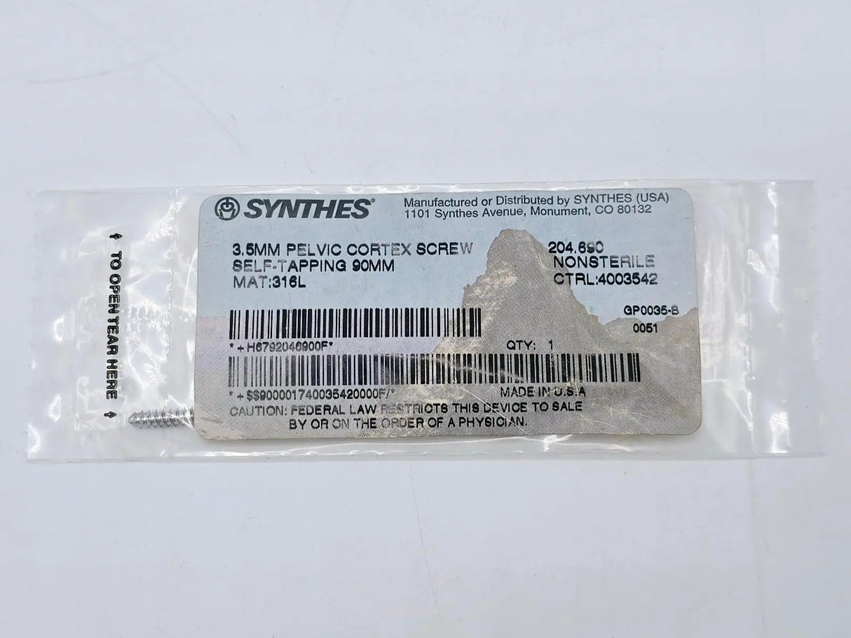 Synthes 204.690 3.5mm Pelvic Cortex Screw Self-Tapping 90mm Synthes