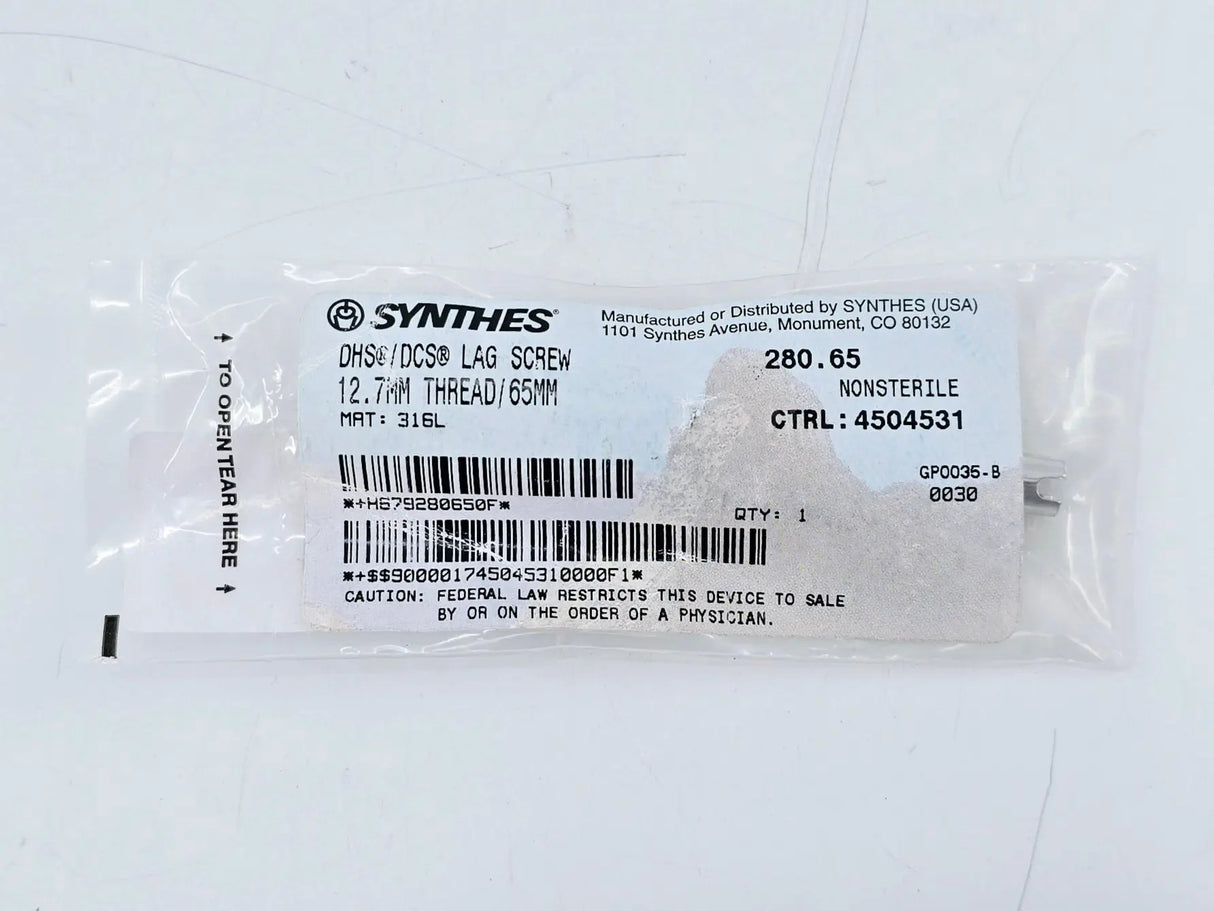 Synthes 280.65 DHS/DCS Lag Screw 12.7mm Thread/65mm Synthes