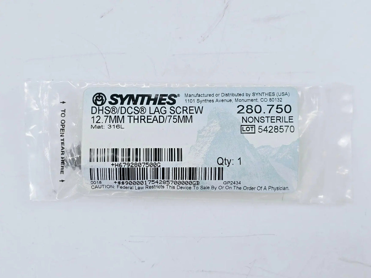 Synthes 280.750 DHS/DCS Lag Screw 12.7mm Thread/75mm Synthes