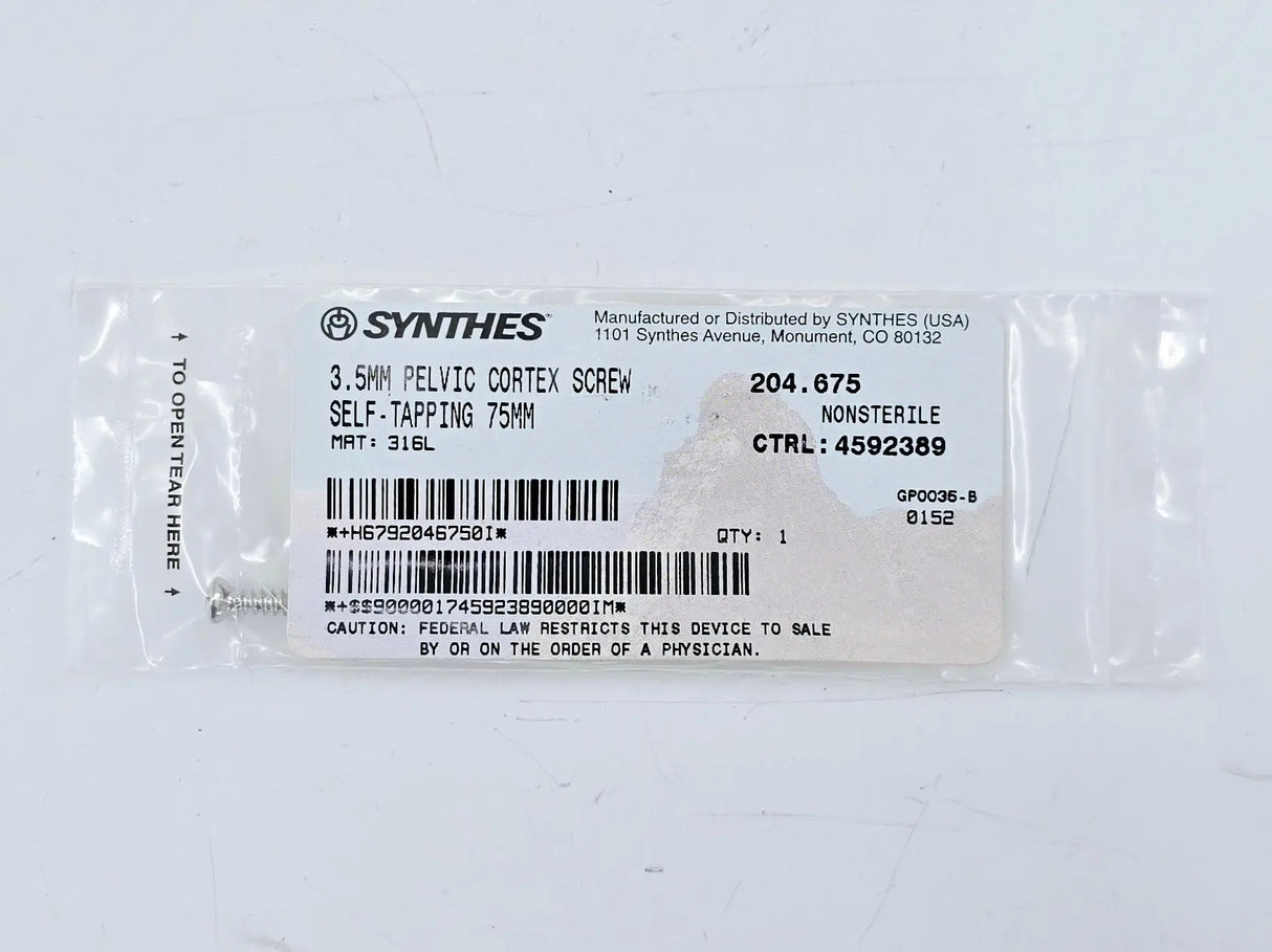 Synthes 204.675 3.5mm Pelvic Cortex Screw Self-Tapping 75mm Synthes