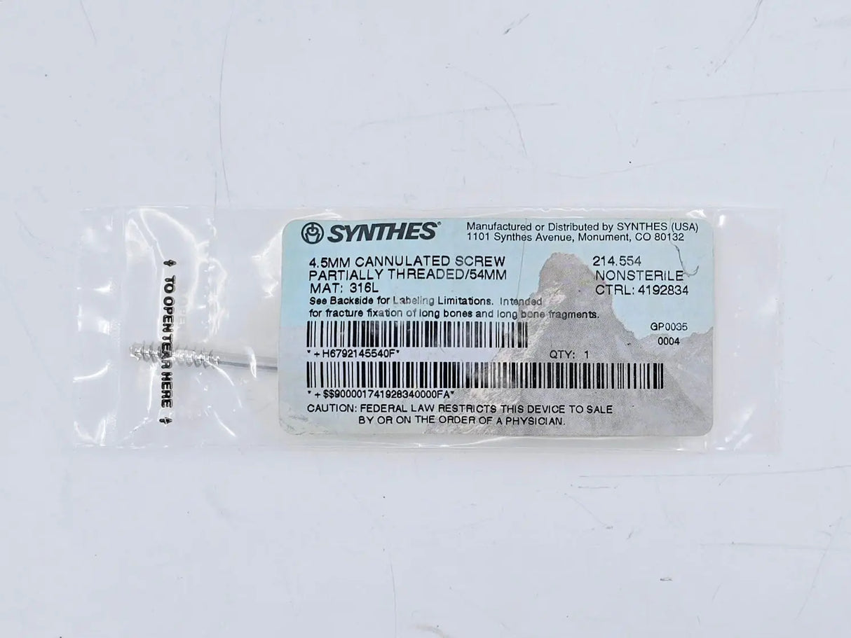 Synthes 214.554 4.5mm Cannulated Screw Partially Threaded/54mm Synthes