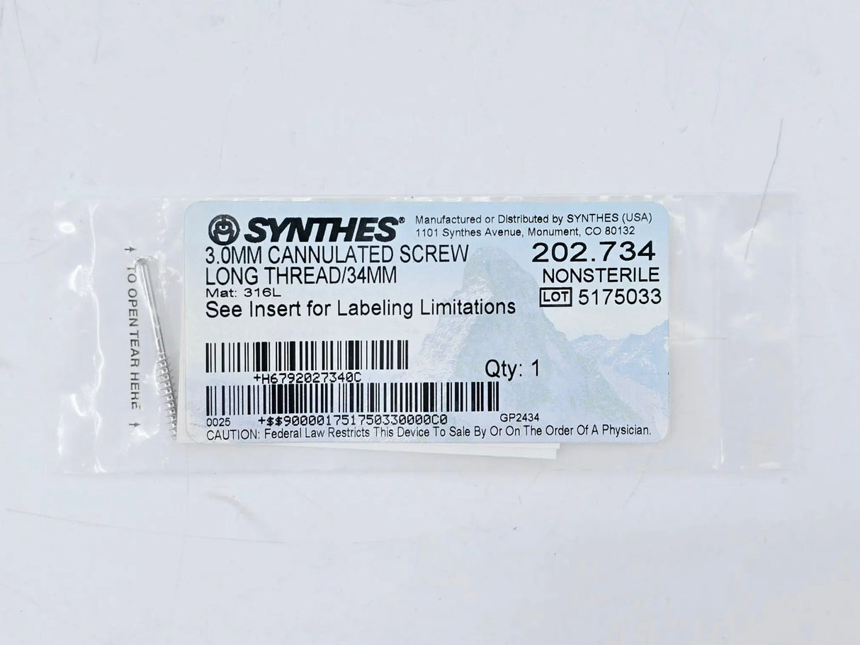 Synthes 202.734 3.0mm Cannulated Screw Long Thread/34mm Synthes
