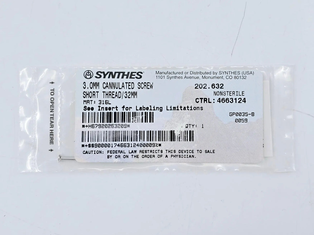 Synthes 202.632 3.0mm Cannulated Screw Short Thread/32mm Synthes