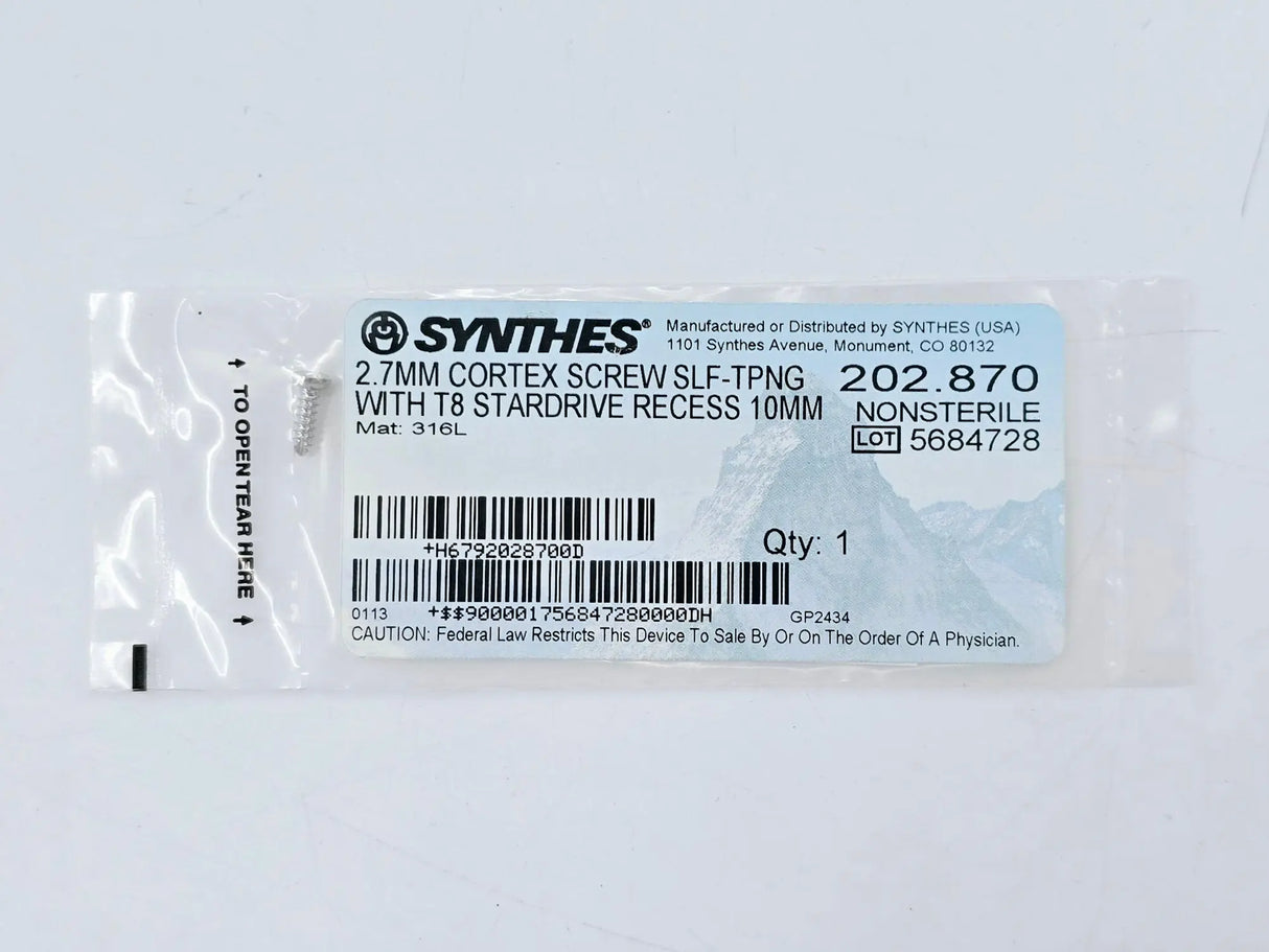 Synthes 202.870 2.7mm Cortex Screw Self-Tapping w/ T8 Stardrive Recess 10mm Synthes