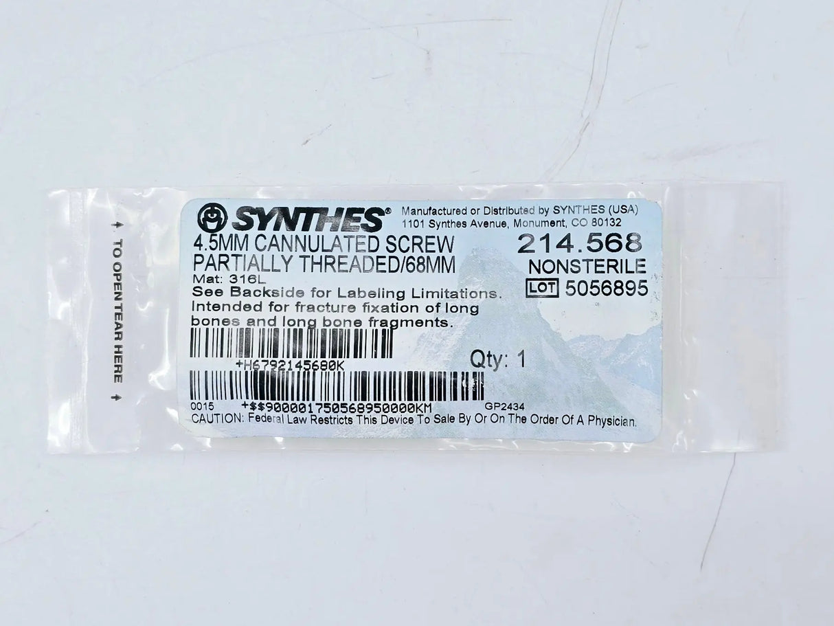 Synthes 214.568 4.5mm Cannulated Screw Partially Threaded/68mm Synthes