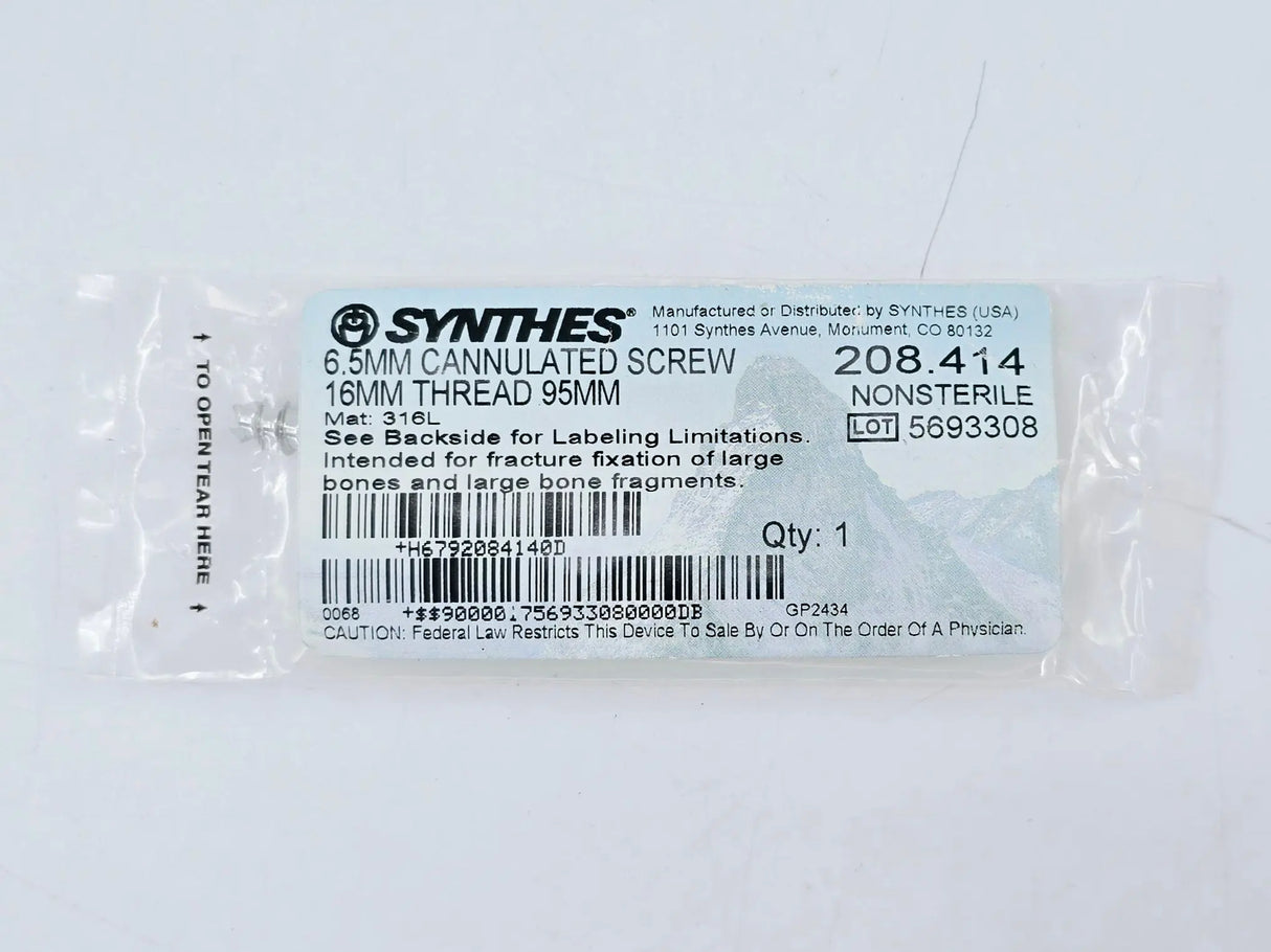 Synthes 208.414 6.5mm Cannulated Screw 16mm Thread/95mm Synthes