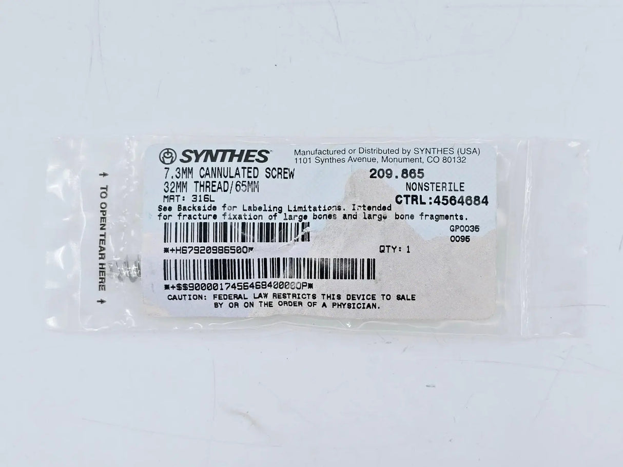 Synthes 209.865 7.3mm Cannulated Screw 32mm Thread/65mm Synthes