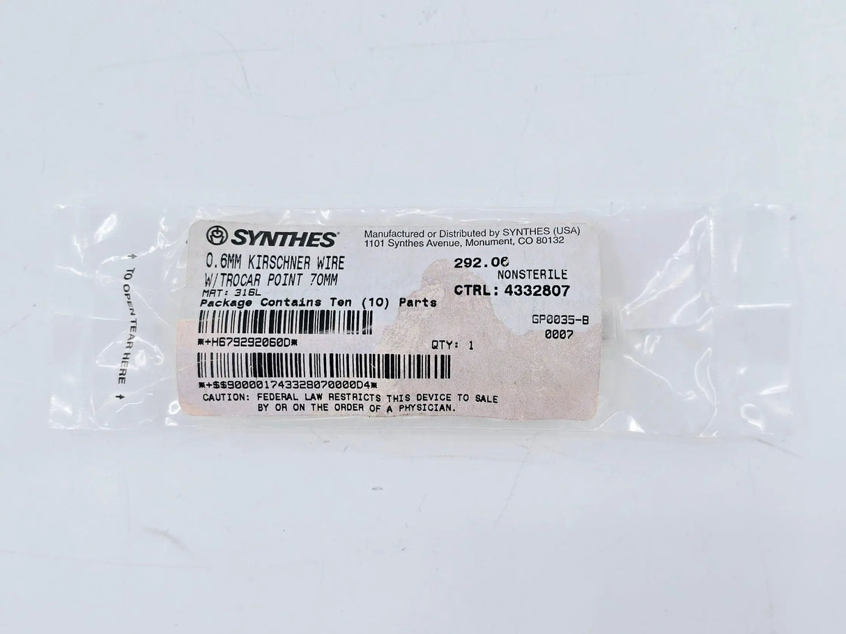 Synthes 292.06 0.6mm Kirschner Wire w/ Trocar Point 70mm Pack of 10 Synthes