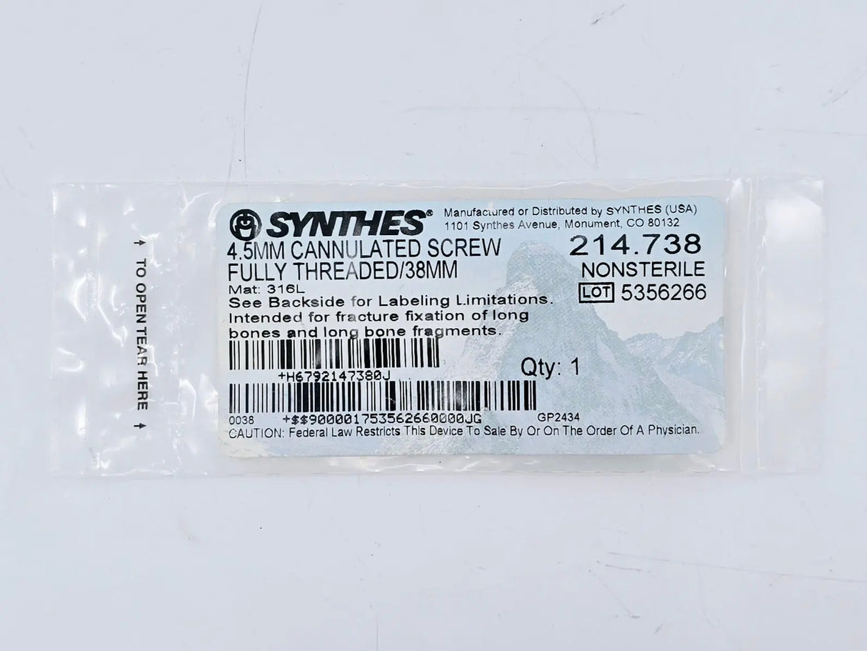 Synthes 214.738 4.5mm Cannulated Screw Fully Threaded/38mm Synthes