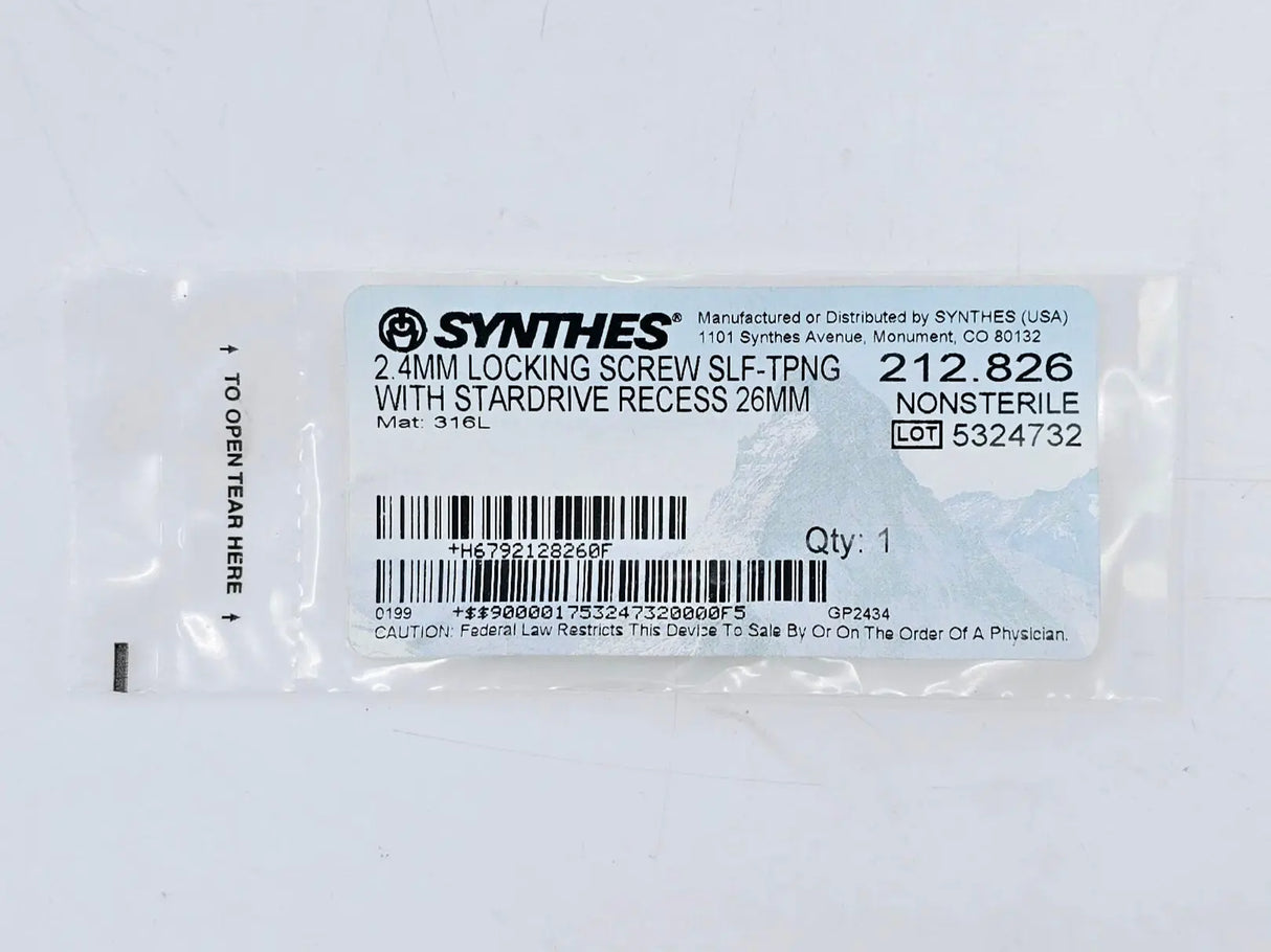 Synthes 212.826 2.4mm Locking Screw Self-Tapping w/ Stardrive Recess 26mm Synthes