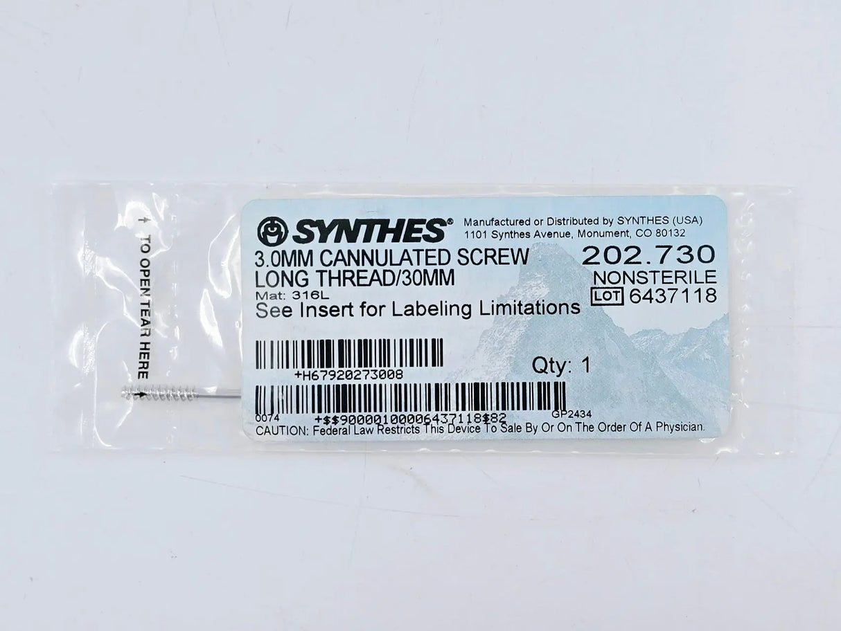 Synthes 202.730 3.0mm Cannulated Screw Long Thread/30mm Synthes