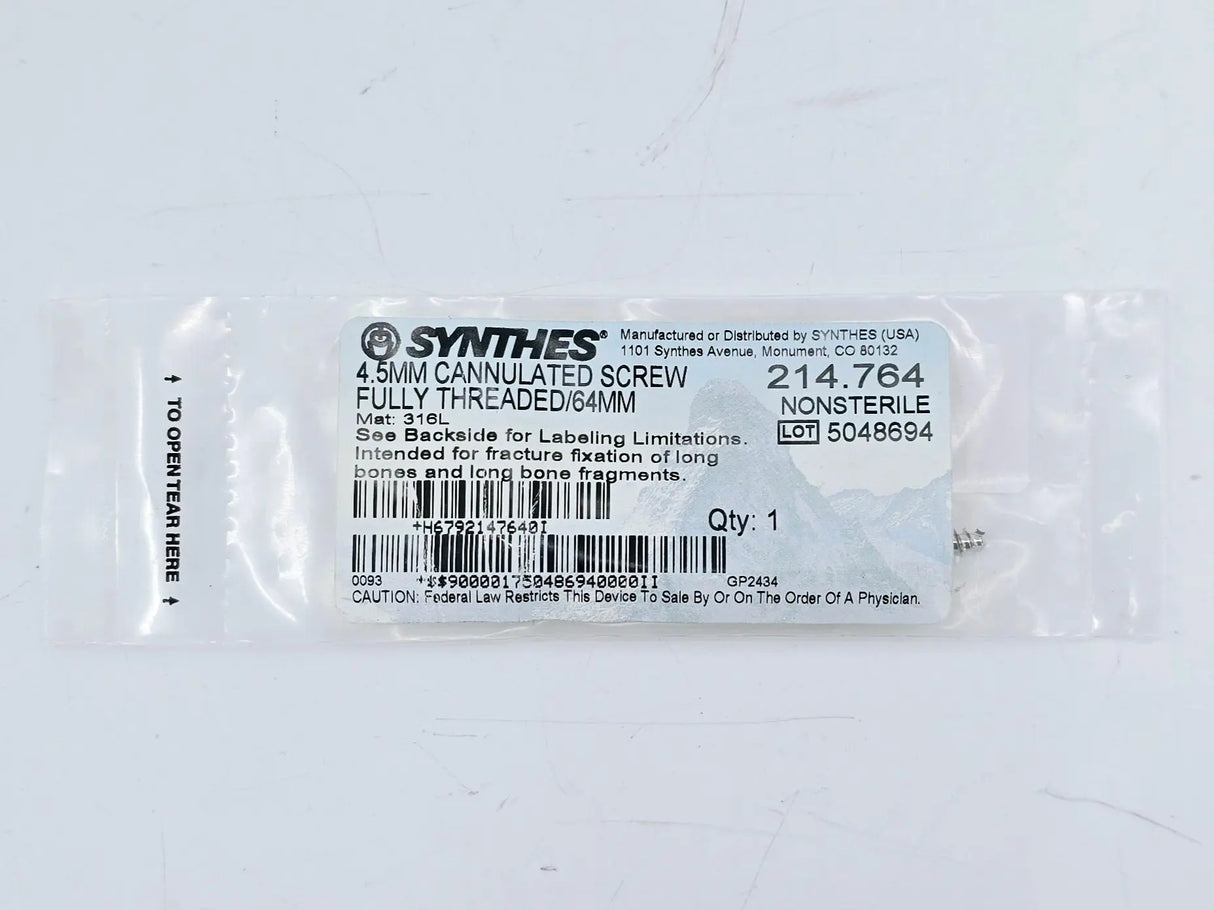 Synthes 214.764 4.5mm Cannulated Screw Fully Threaded/64mm Synthes