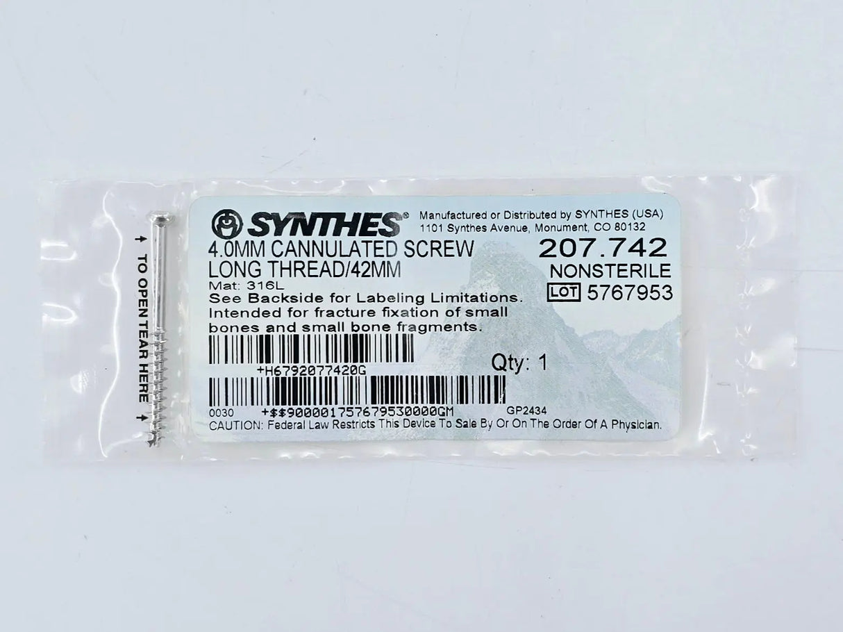 Synthes 207.742 4.0mm Cannulated Screw Long Thread/42mm Synthes