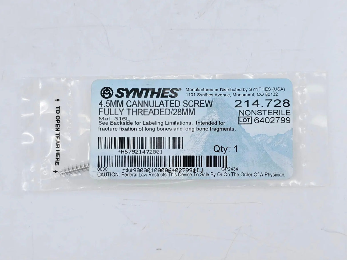 Synthes 214.728 4.5mm Cannulated Screw Fully Threaded/28mm Synthes
