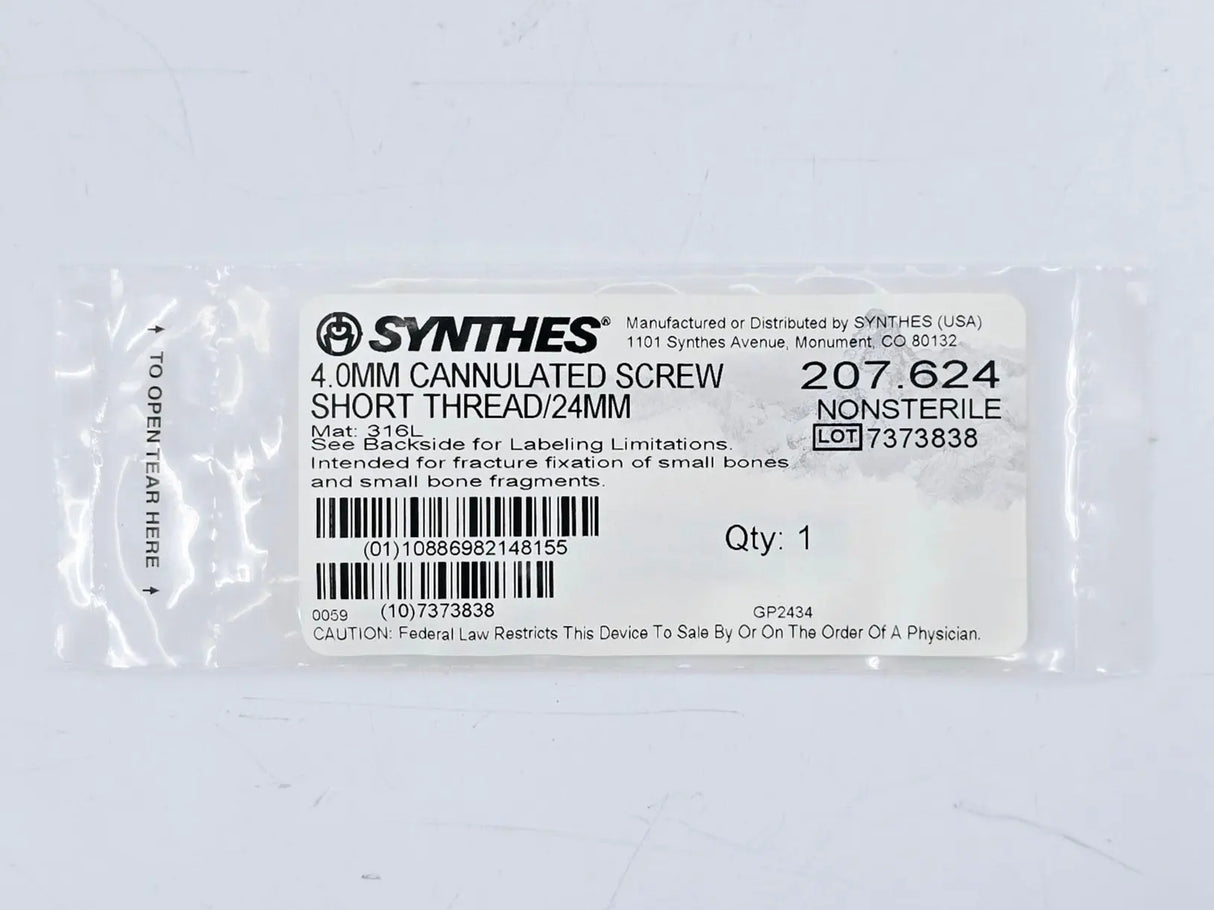 Synthes 207.624 4.0mm Cannulated Screw Short Thread/24mm Synthes