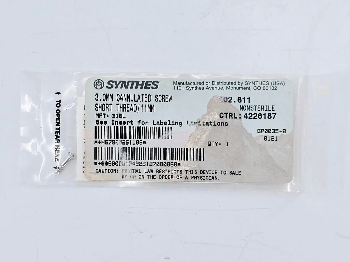 Synthes 202.611 3.0mm Cannulated Screw Short Thread/11mm Synthes