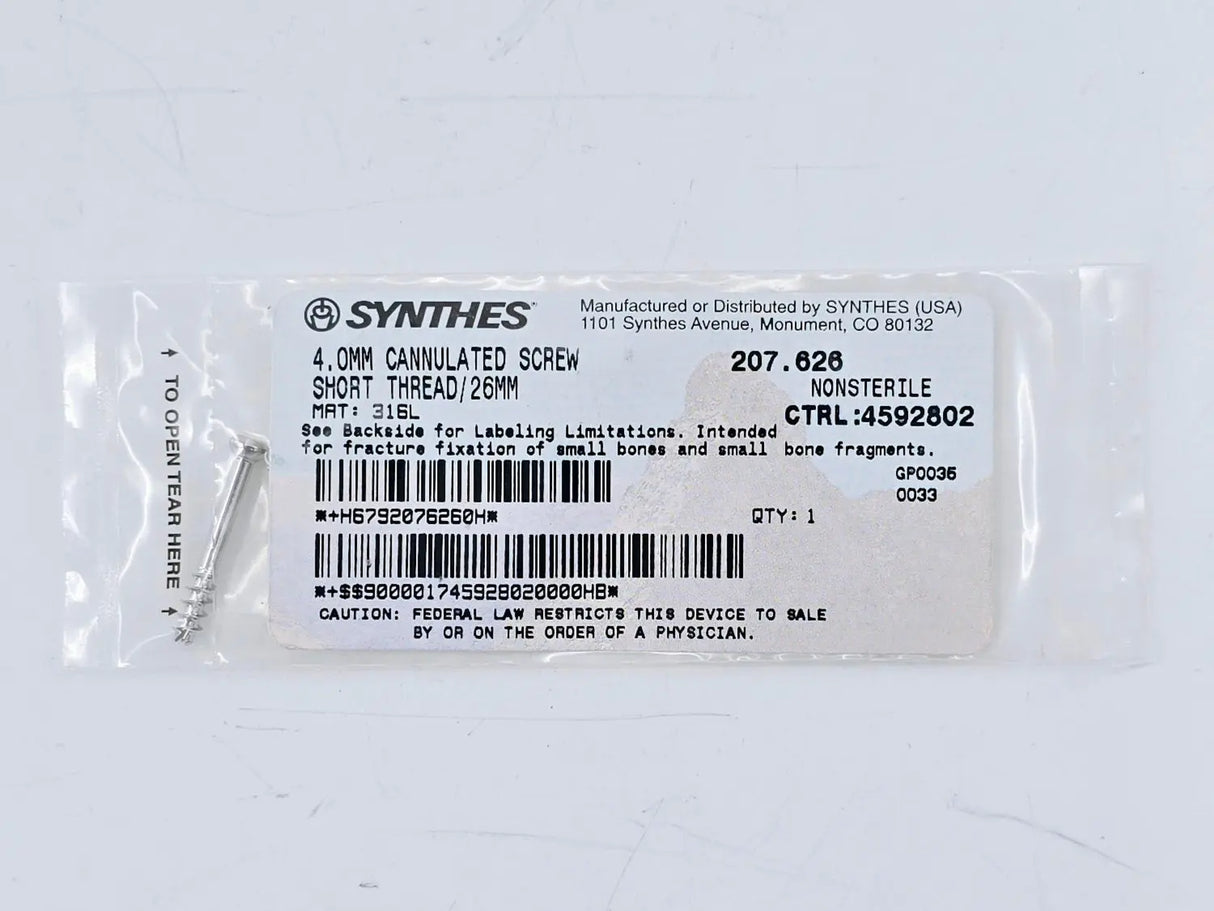 Synthes 207.626 4.0mm Cannulated Screw Short Thread/26mm Synthes