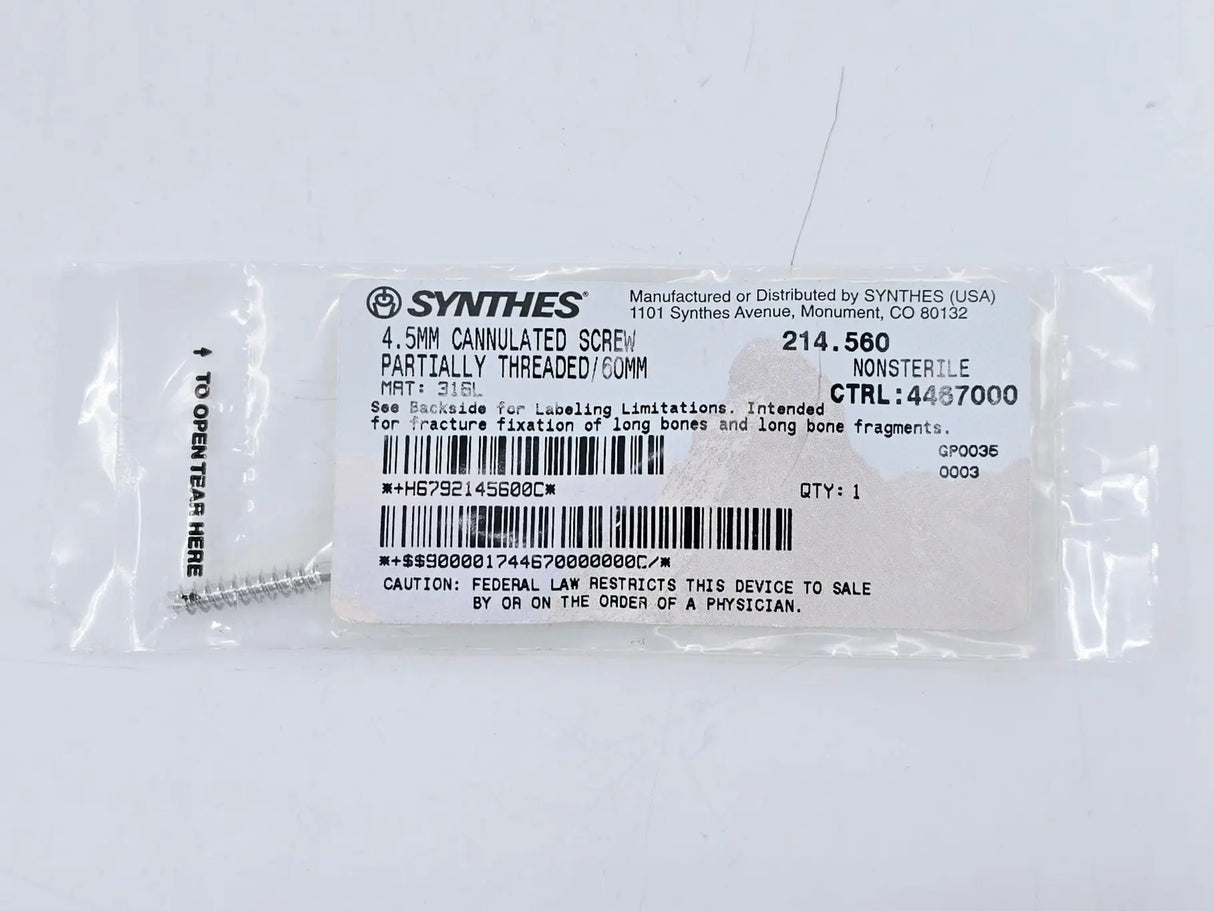 Synthes 214.560 4.5mm Cannulated Screw Partially Threaded/60mm Synthes