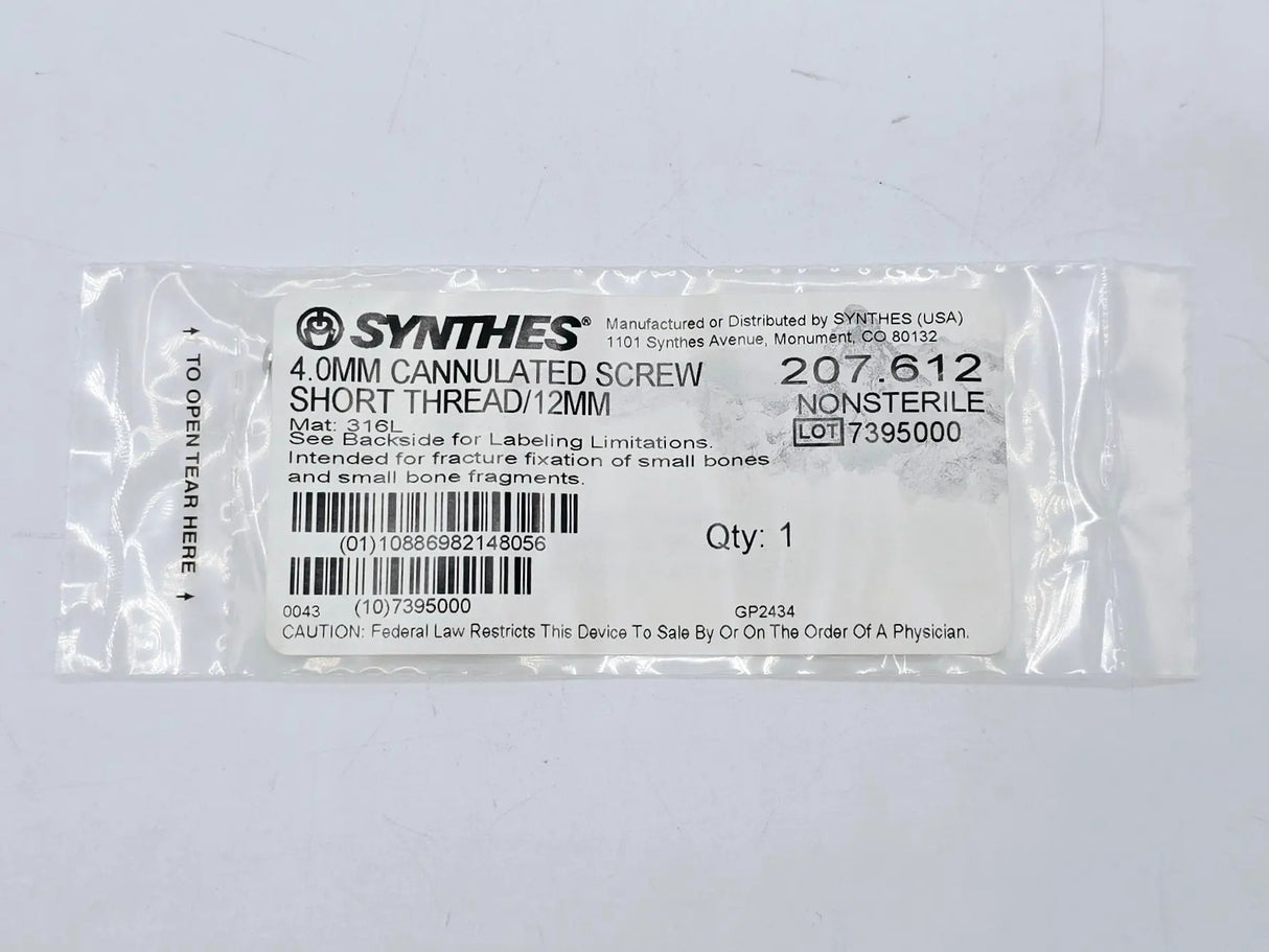 Synthes 207.612 4.0mm Cannulated Screw Short Thread/12mm Synthes