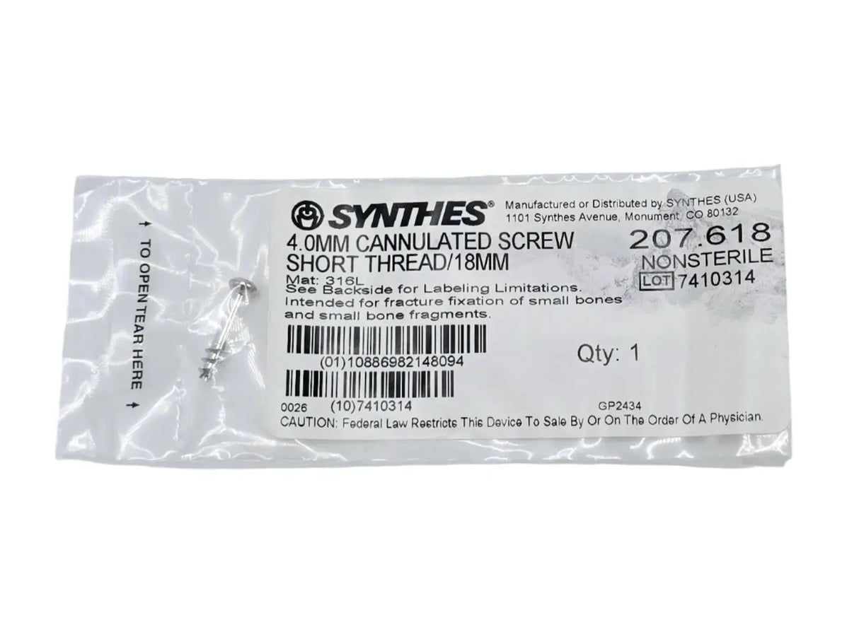 Synthes 207.618 4.0mm Cannulated Screw Short Thread/18mm Synthes
