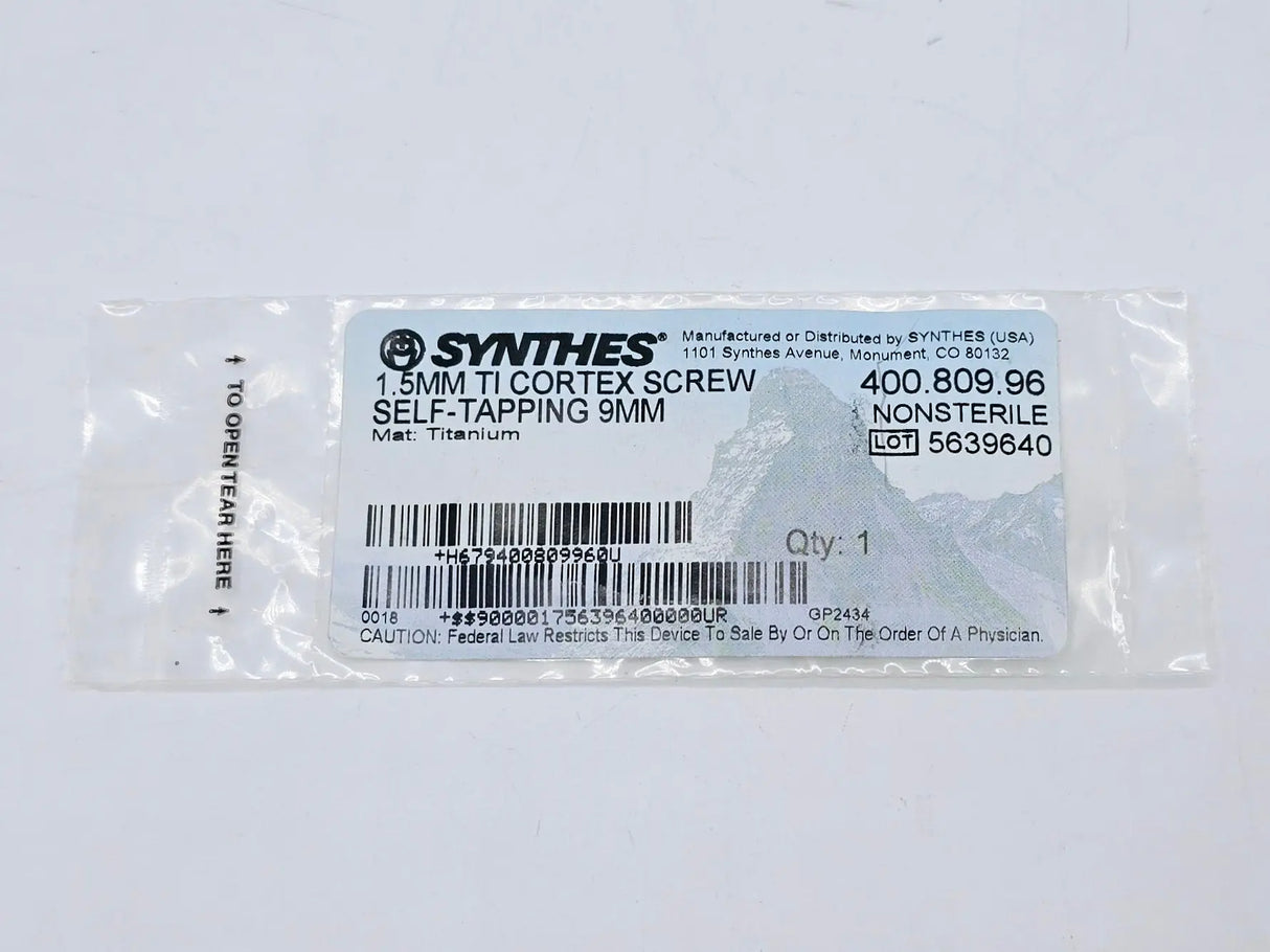 Synthes 400.809.96 1.5mm TI Cortex Screw Self-Tapping 9mm Synthes