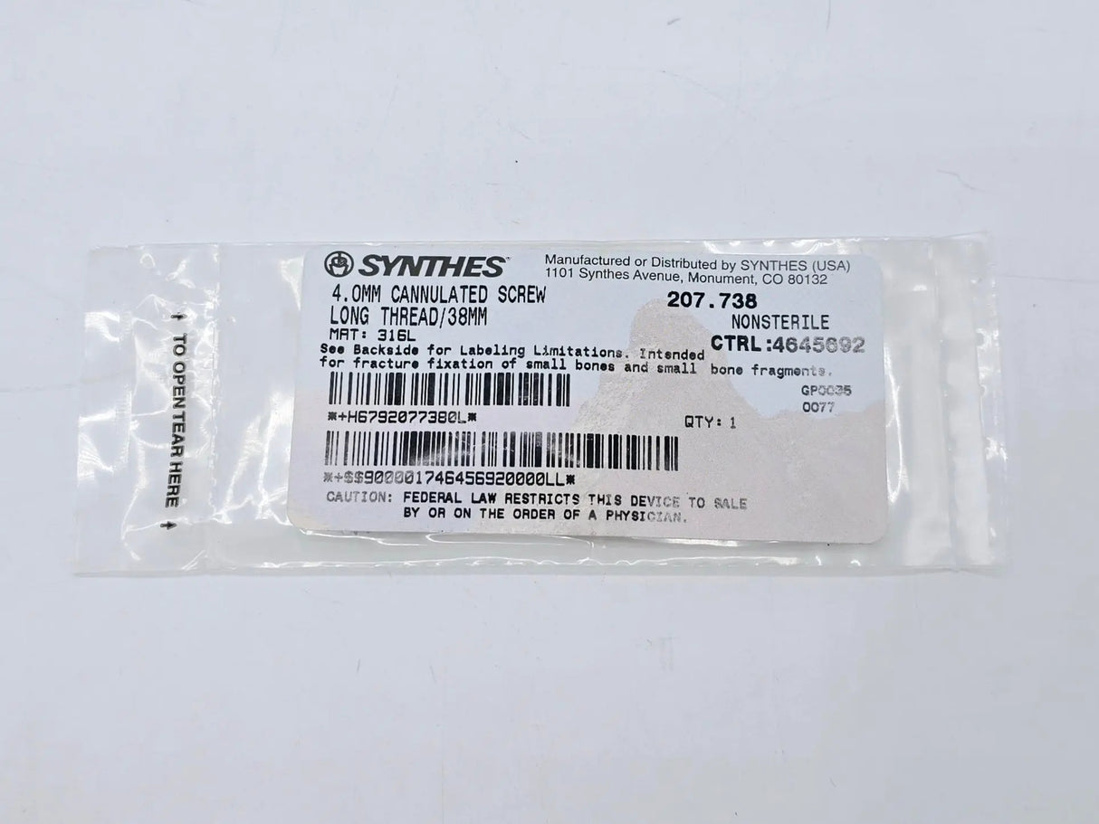 Synthes 207.738 4.0mm Cannulated Screw Long Thread/38mm Synthes