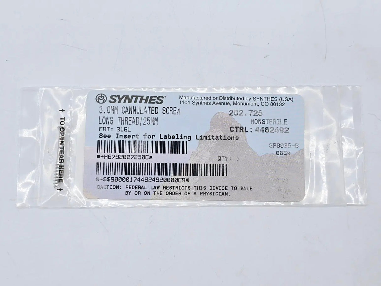 Synthes 202.725 3.0mm Cannulated Screw Long Thread/25mm Synthes