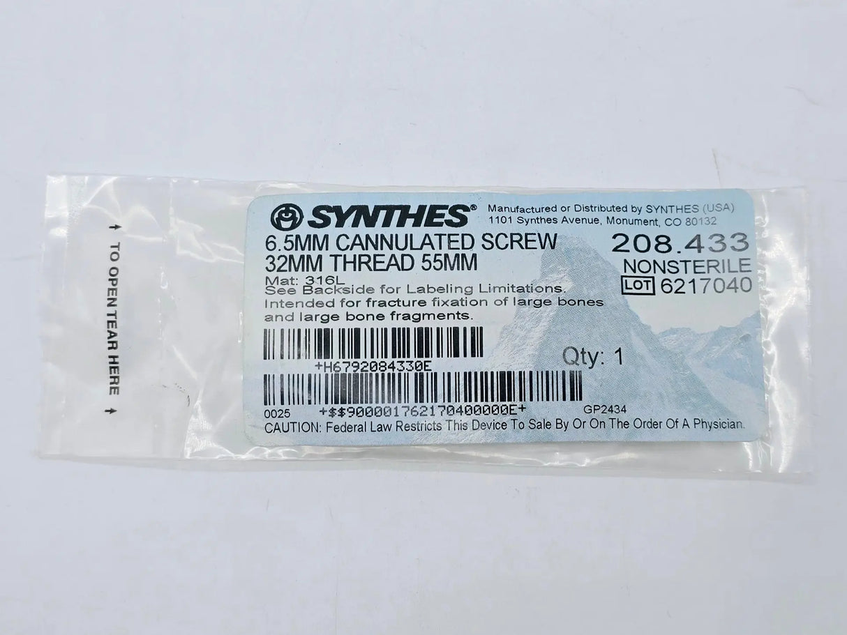 Synthes 208.433 6.5mm Cannulated Screw 32mm Thread 55mm Synthes