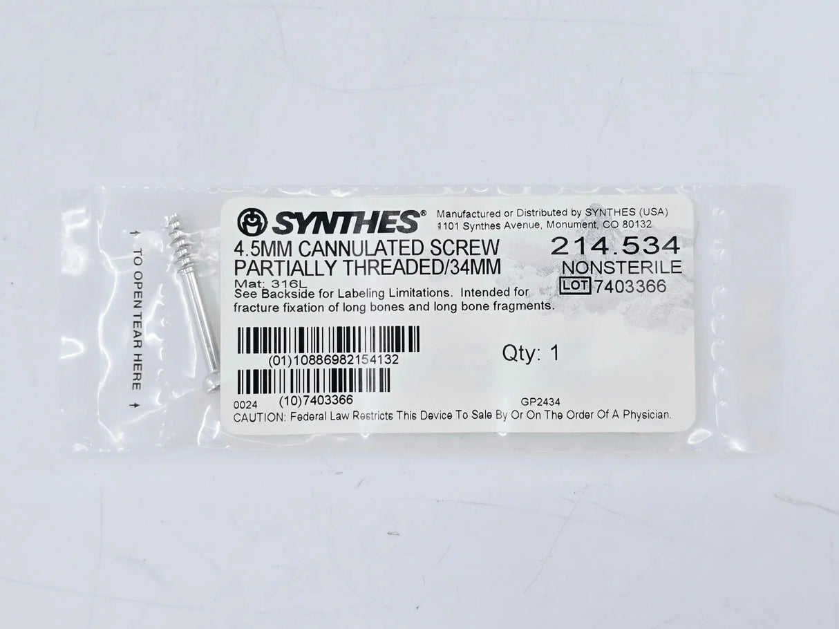Synthes 214.534 4.5mm Cannulated Screw Partially Threaded/34mm Synthes