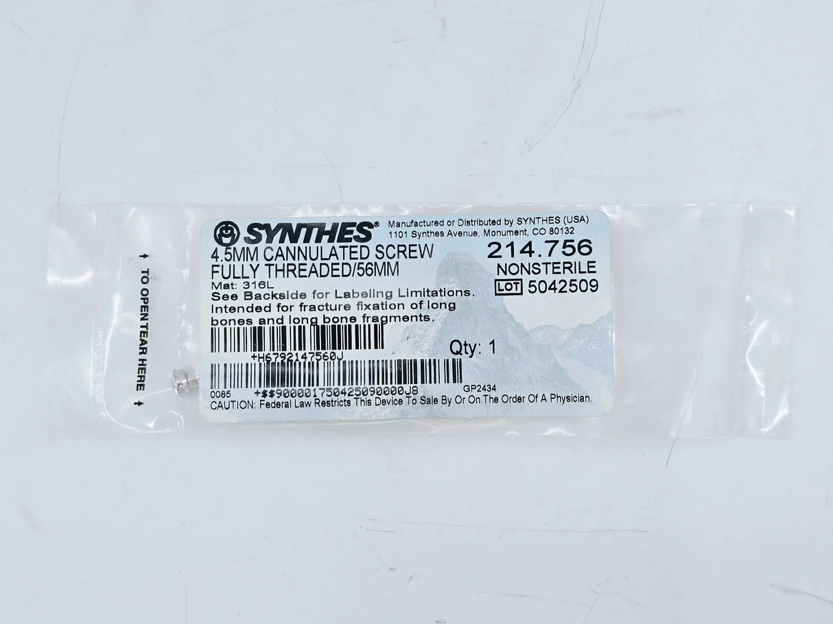 Synthes 214.756 4.5mm Cannulated Screw Fully Threaded/56mm Synthes