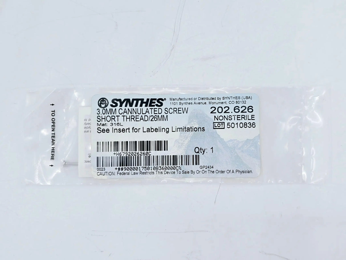 Synthes 202.626 3.0mm Cannulated Screw Short Thread/26mm Synthes