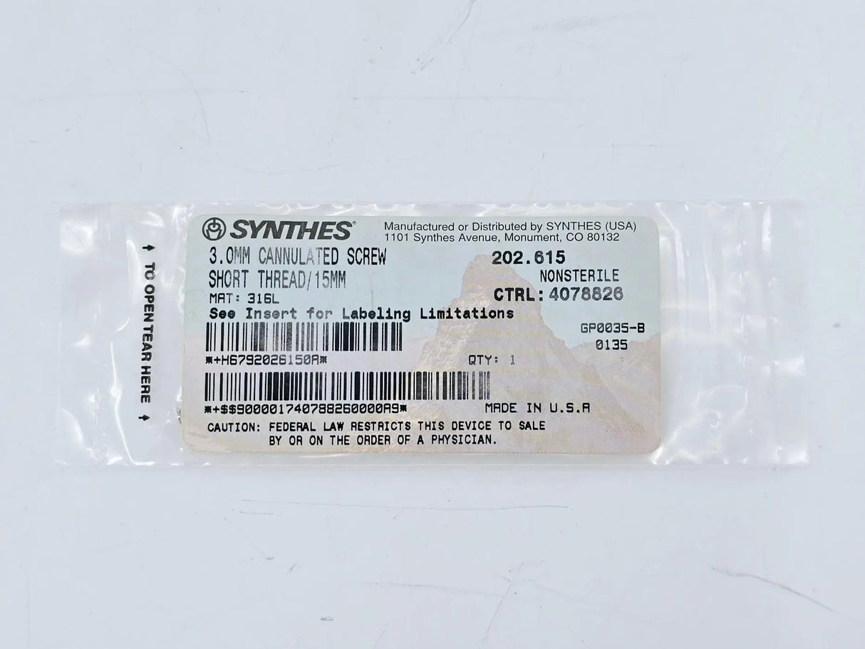 Synthes 202.615 3.0mm Cannulated Screw Short Thread/15mm Synthes