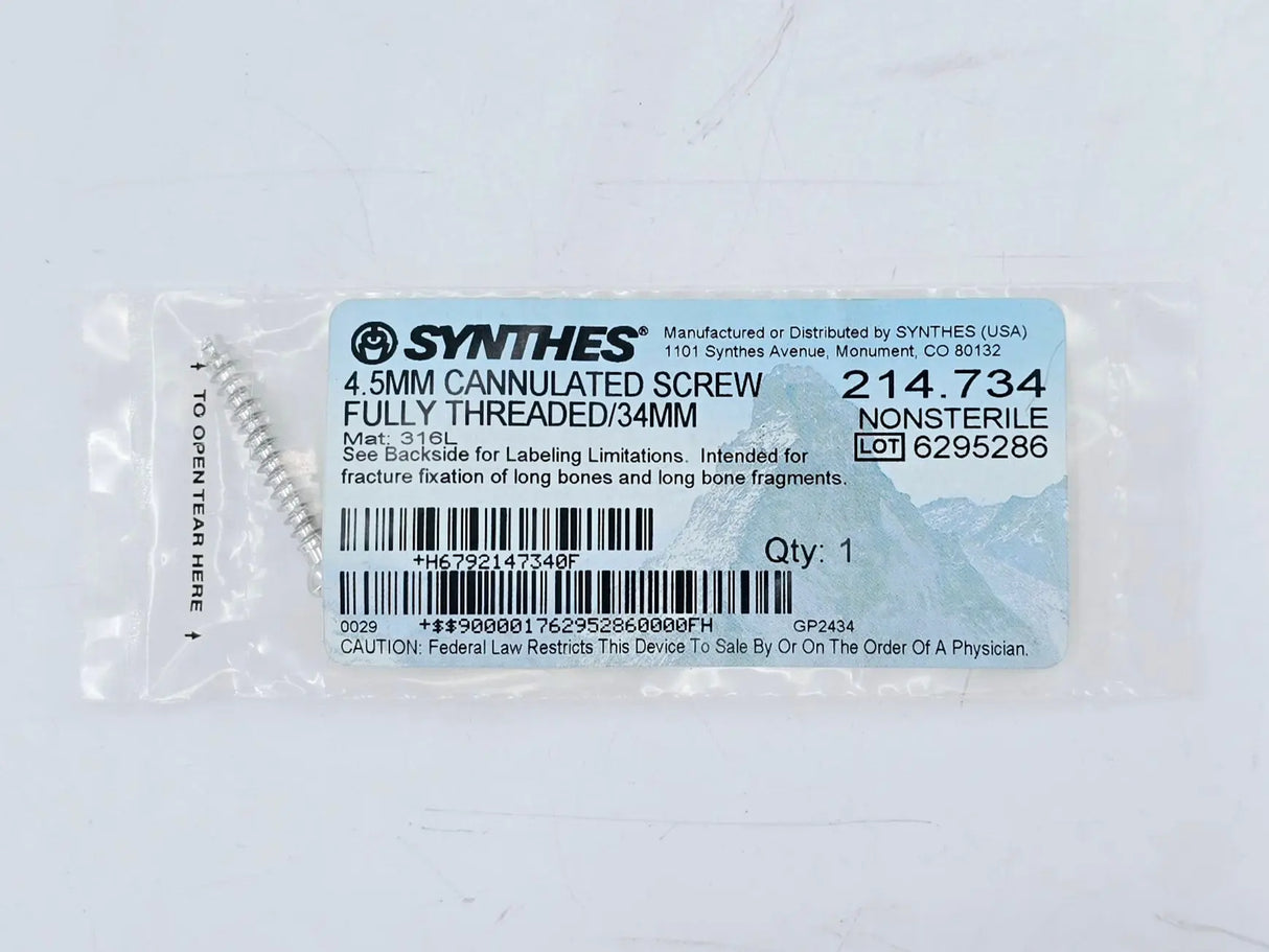 Synthes 214.734 4.5mm Cannulated Screw Fully Threaded/34mm Synthes